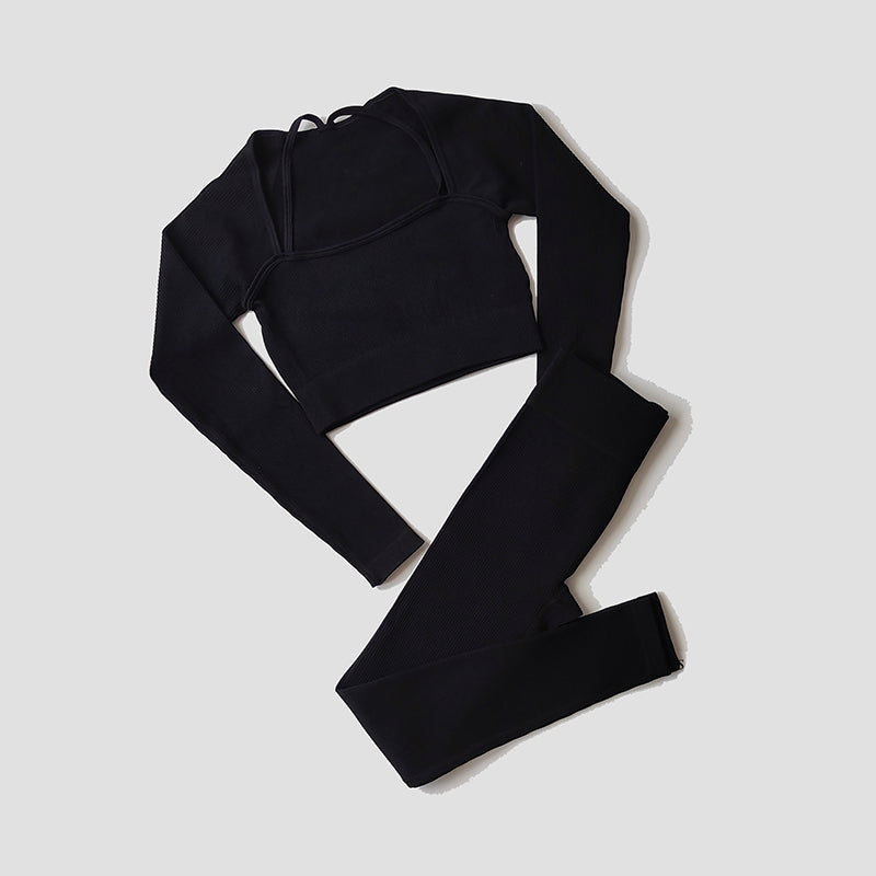 Damen Yoga- & Fitness-Set – Langarm Crop Top, One-Shoulder Sport-BH & High-Waist Seamless Leggings, Sportanzug für Gym & Workout