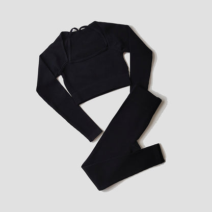 Damen Yoga- & Fitness-Set – Langarm Crop Top, One-Shoulder Sport-BH & High-Waist Seamless Leggings, Sportanzug für Gym & Workout