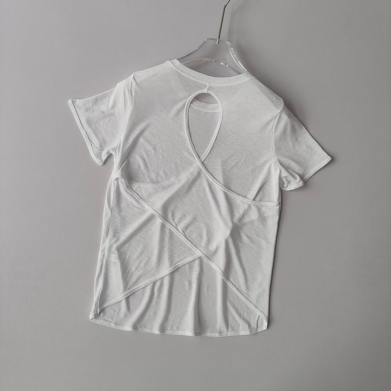 Damen Yoga Top Kurzarm – Mesh, Cross-Back Design & Figurbetontes Fitness Sportshirt