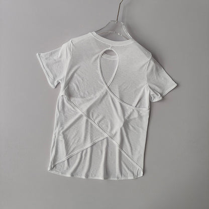 Damen Yoga Top Kurzarm – Mesh, Cross-Back Design & Figurbetontes Fitness Sportshirt