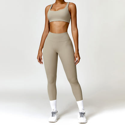 Damen Sportset 2-teilig – Yoga Fitness Leggings & Langarm Crop-Top