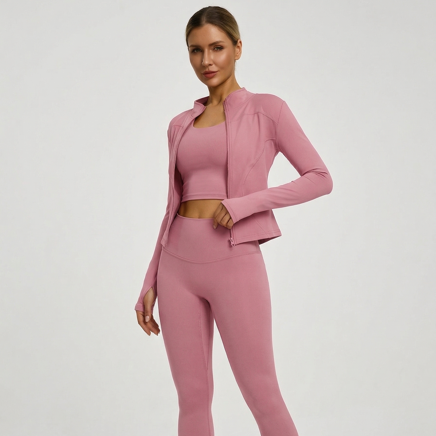 Fitfemme 2-teiliges Damen Frühling Yoga- & Fitness-Set – High-Waist Leggings & Sportjacke für Running, Lifting & Outdoor