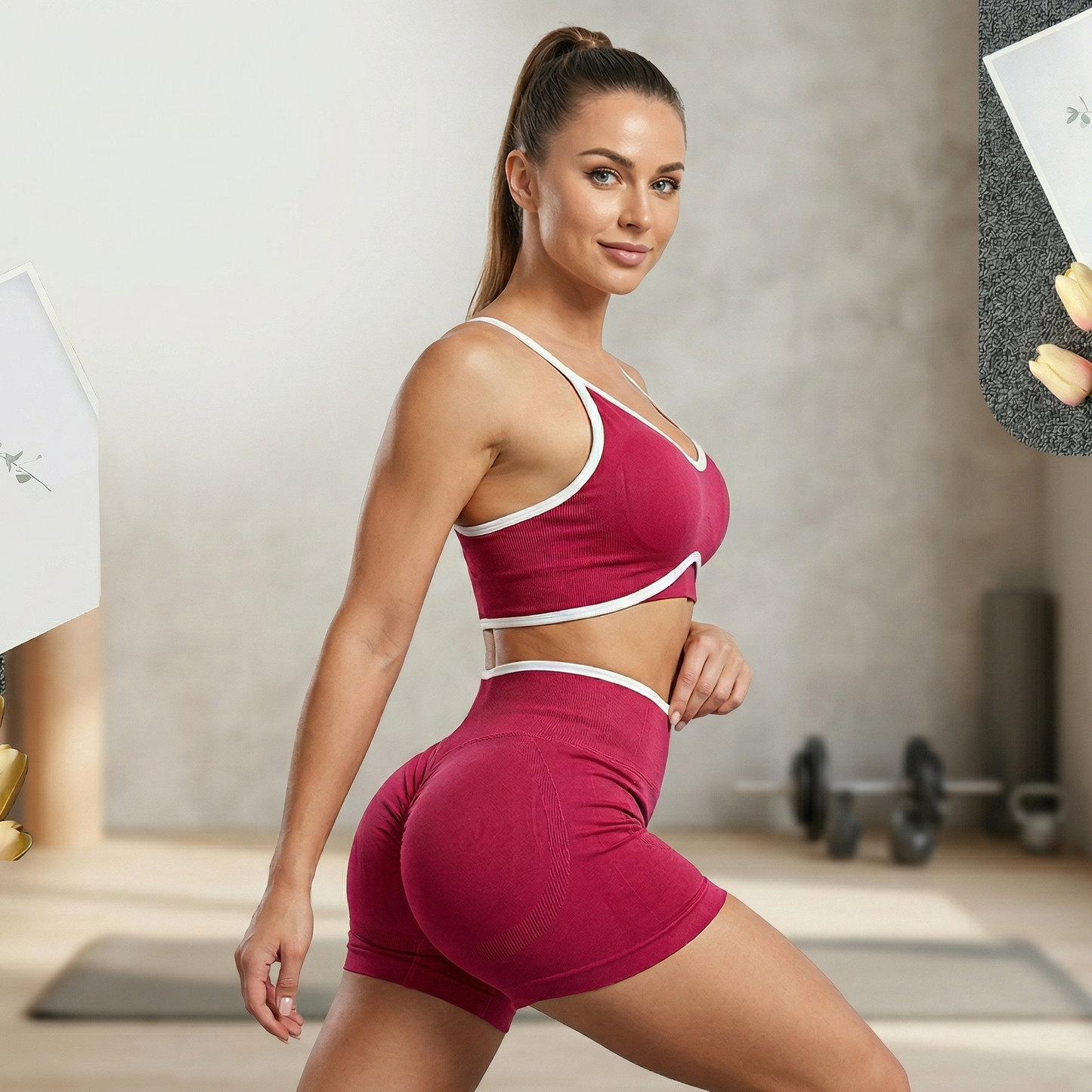 Damen Fitness- & Yoga-Set – Seamless Sport-BH mit Trägern & High-Waist Shorts, Push-Up (Peach Butt) & Bauchformend für Gym & Workout